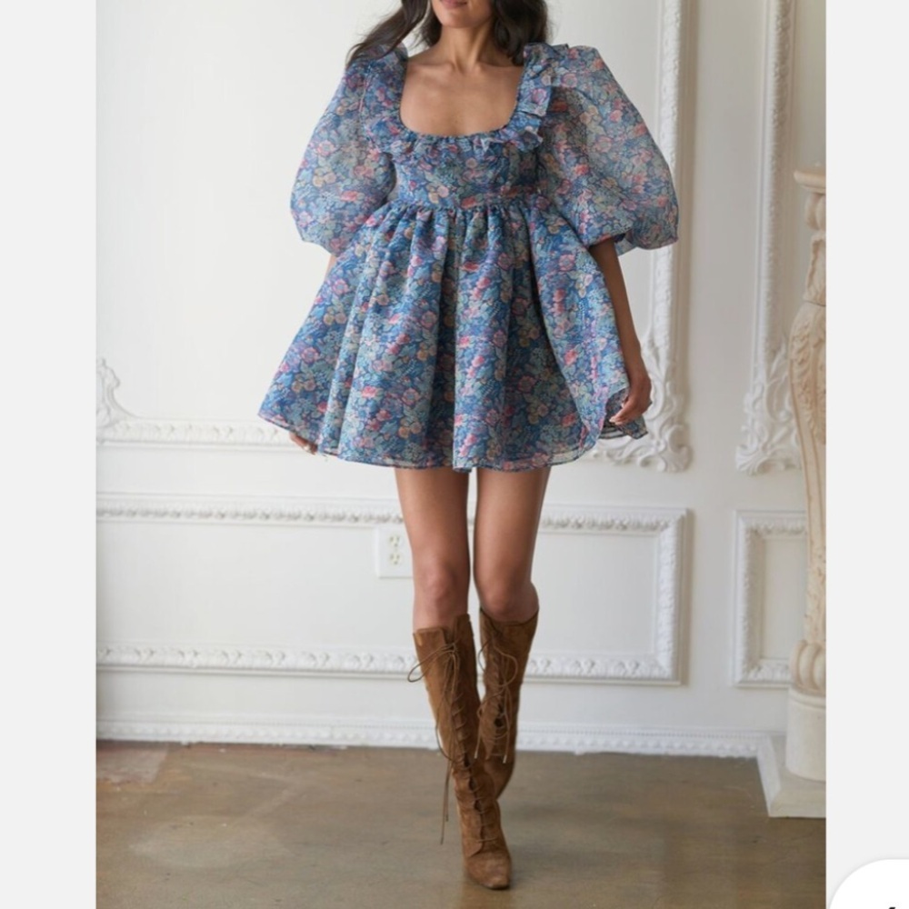 NWOT Selkie Mayfair Secret Garden Puff Sleeve Blue Floral Mini Dress Size XL - Picture 14 of 16